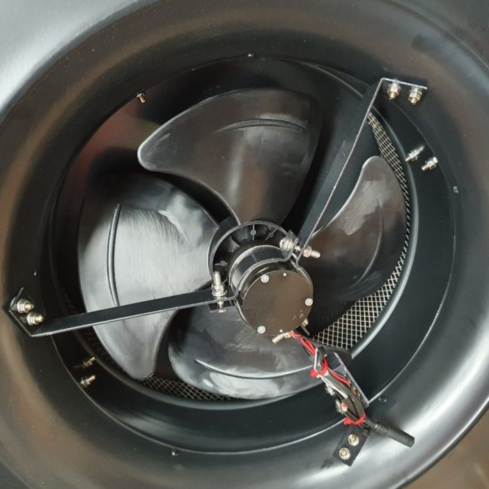 Close-up view of the internal fan blades of the ventilator.