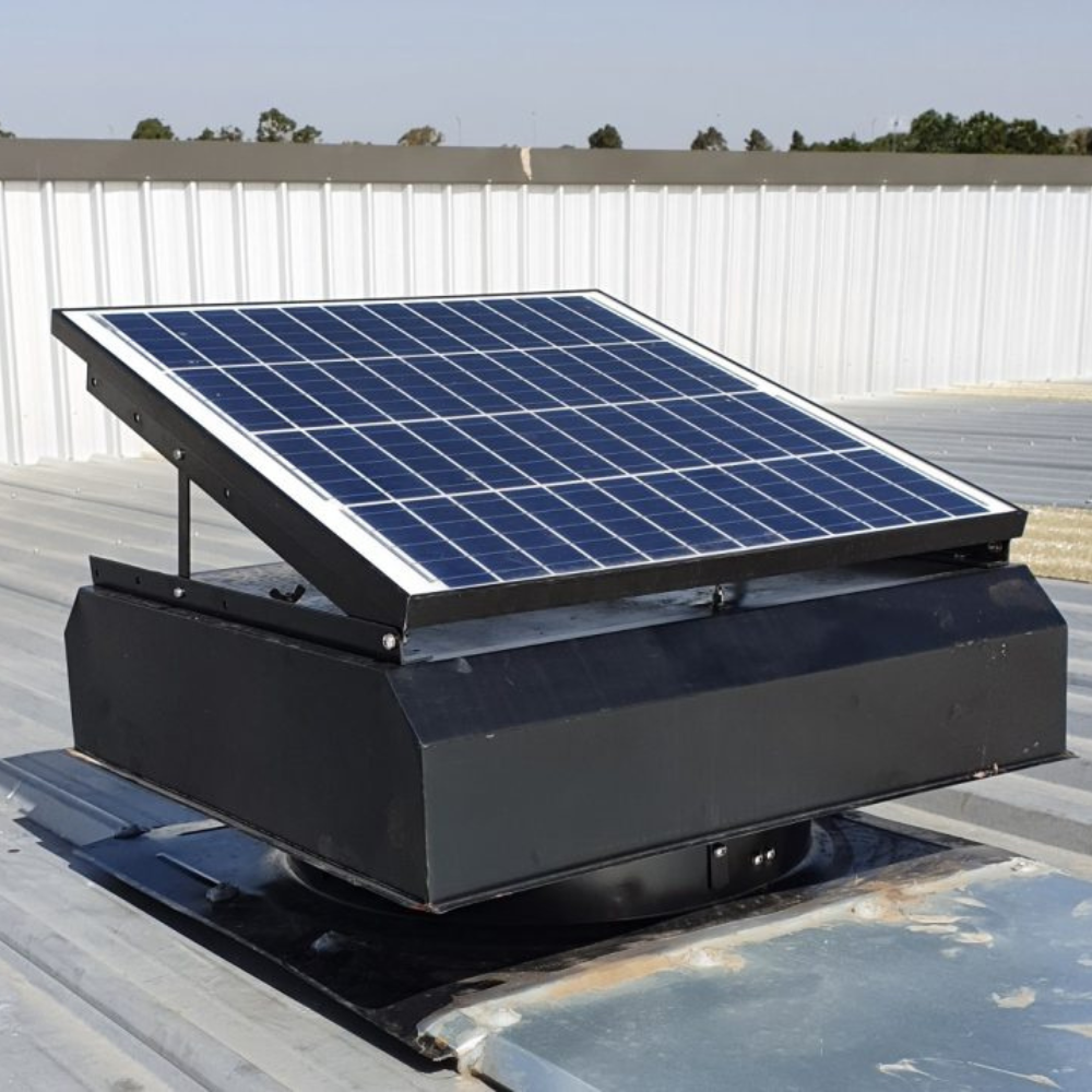 Dual solar panel ventilator mounted on a roof, shown from the side angle.
