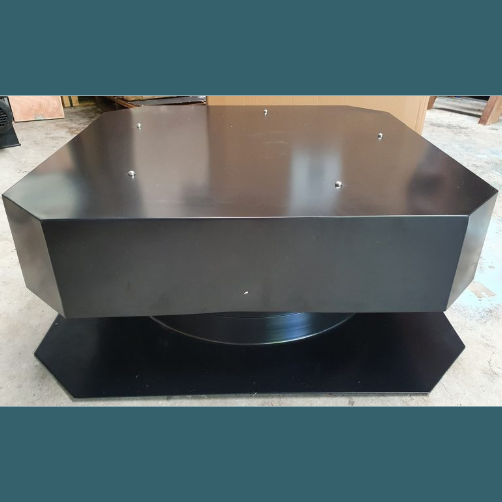 Product render of a black solar roof ventilator on a teal background.