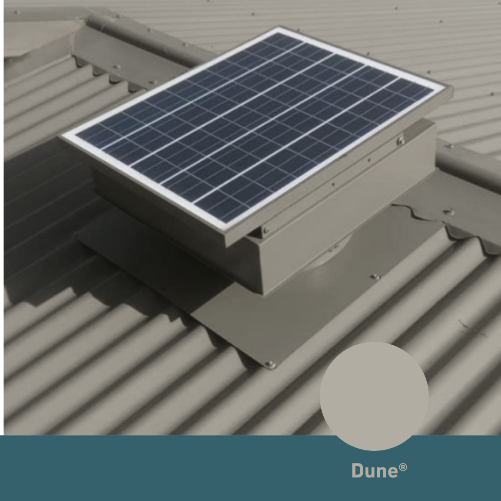 Square, solar-powered roof ventilator unit in Dune installed on a corrugated metal roof.