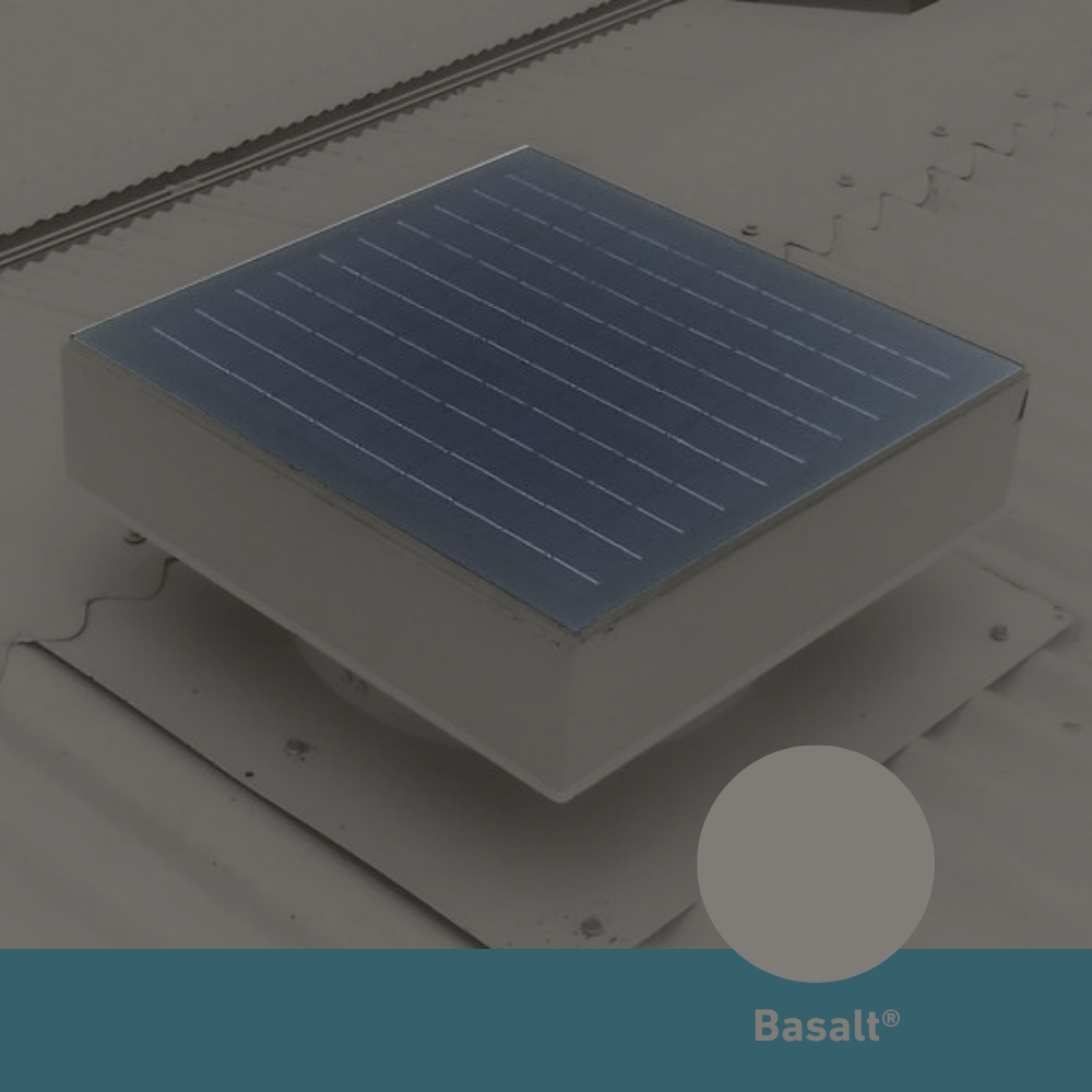 Square, solar-powered roof ventilator unit in Basalt installed on a corrugated metal roof.