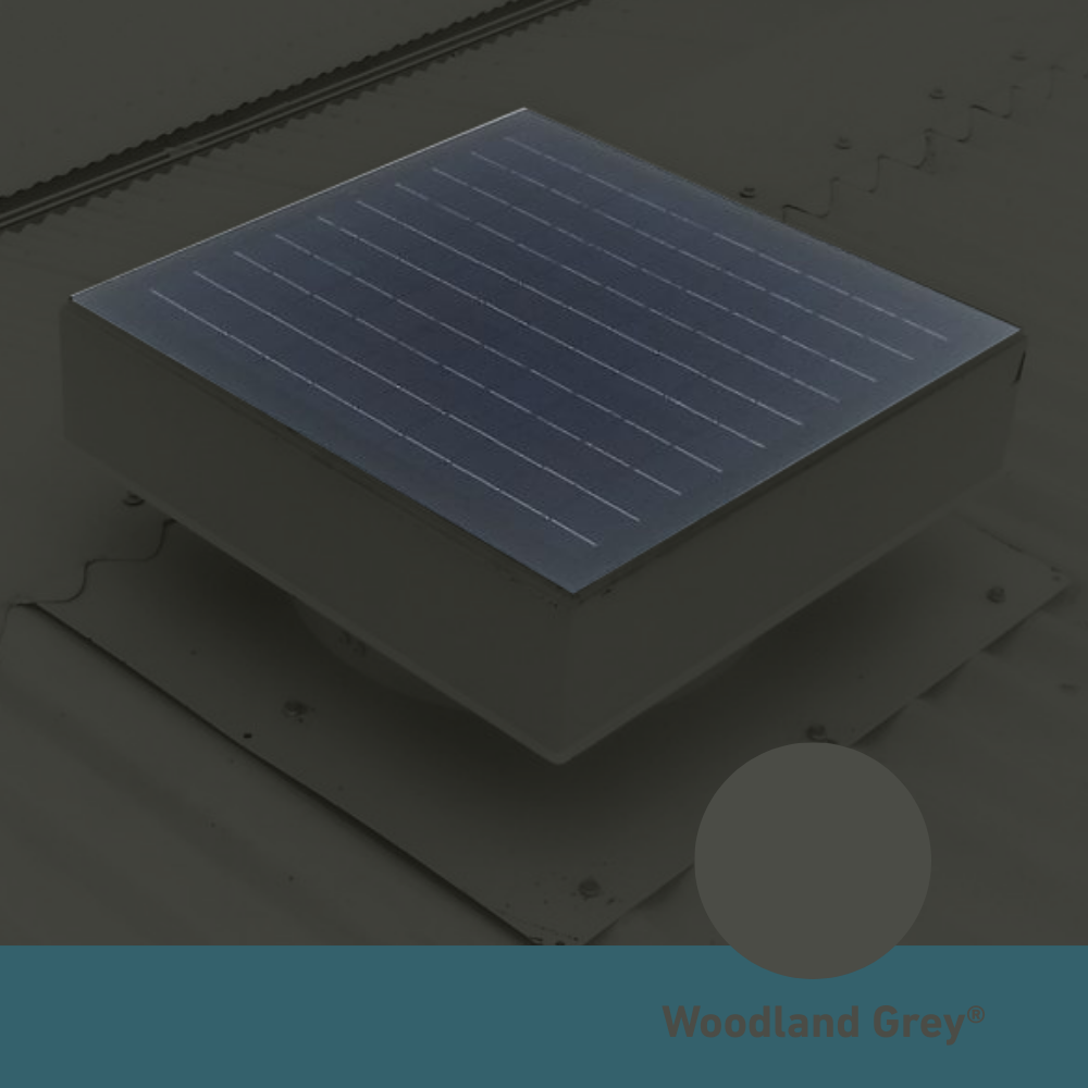 Square, solar-powered roof ventilator unit in Woodland Grey installed on a corrugated metal roof.