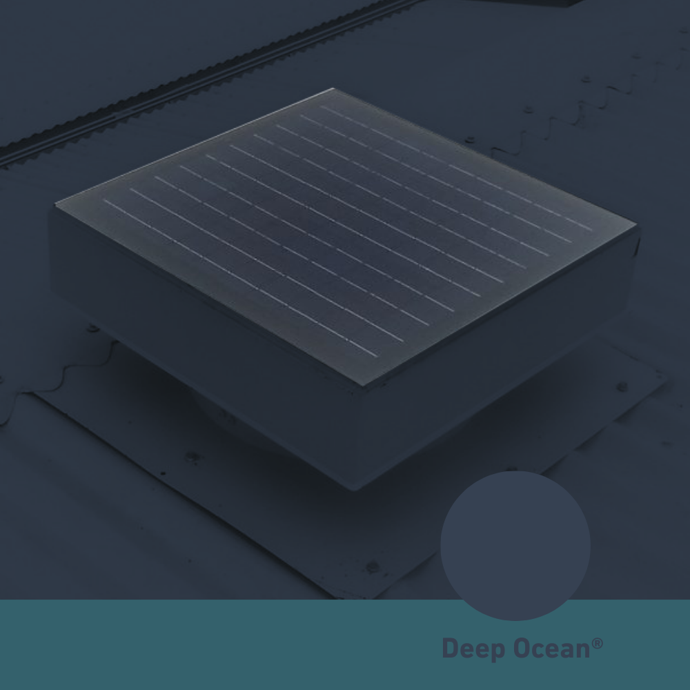 Square, solar-powered roof ventilator unit in Deep Ocean installed on a corrugated metal roof.