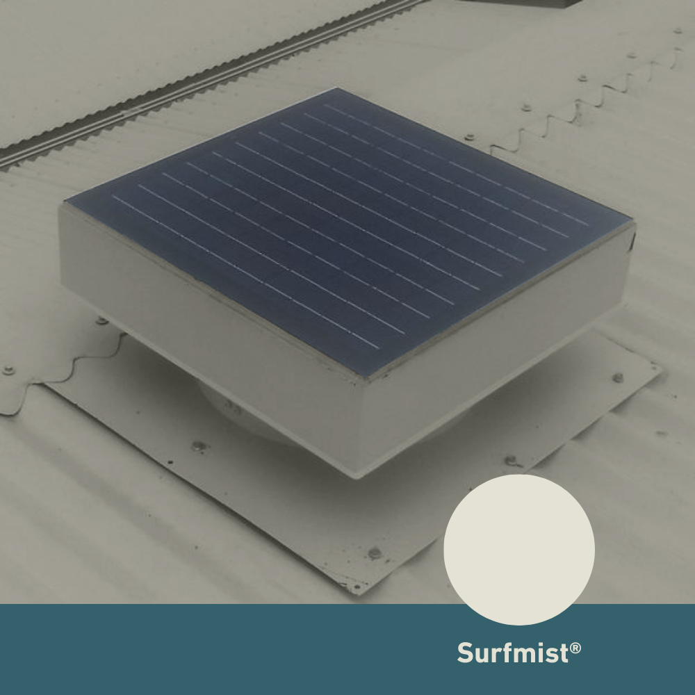 Square, solar-powered roof ventilator unit in Surfmist® installed on a corrugated metal roof.