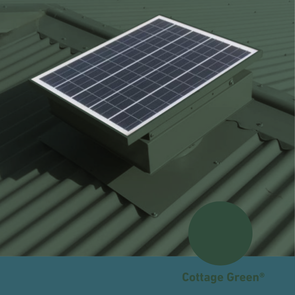 Square, solar-powered roof ventilator unit in Cottage Green installed on a corrugated metal roof.