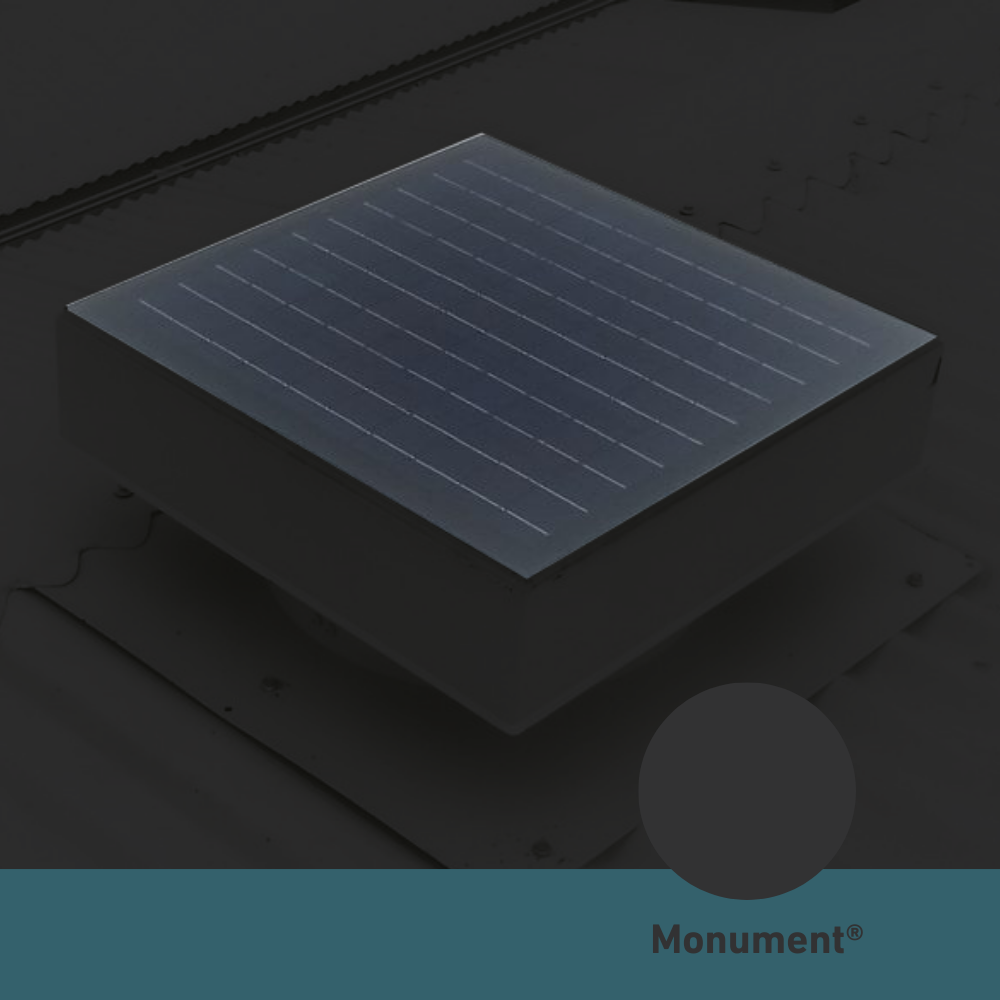 Square, solar-powered roof ventilator unit in Monument installed on a corrugated metal roof.