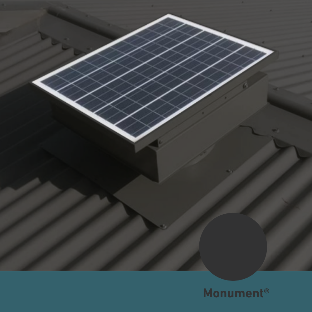Square, solar-powered roof ventilator unit in Monument installed on a corrugated metal roof.