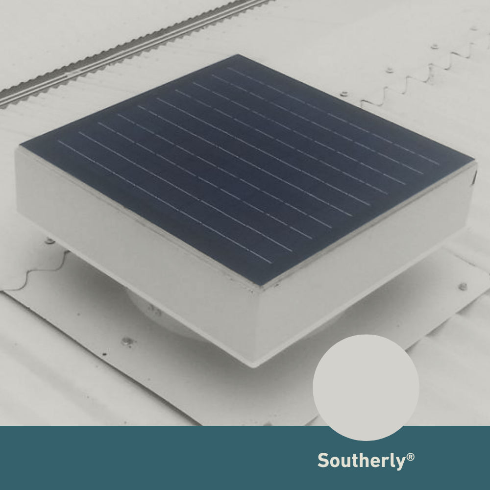 Square solar-powered roof ventilator unit in Southerly® D2D1CB
, installed on a metal corrugated roof.