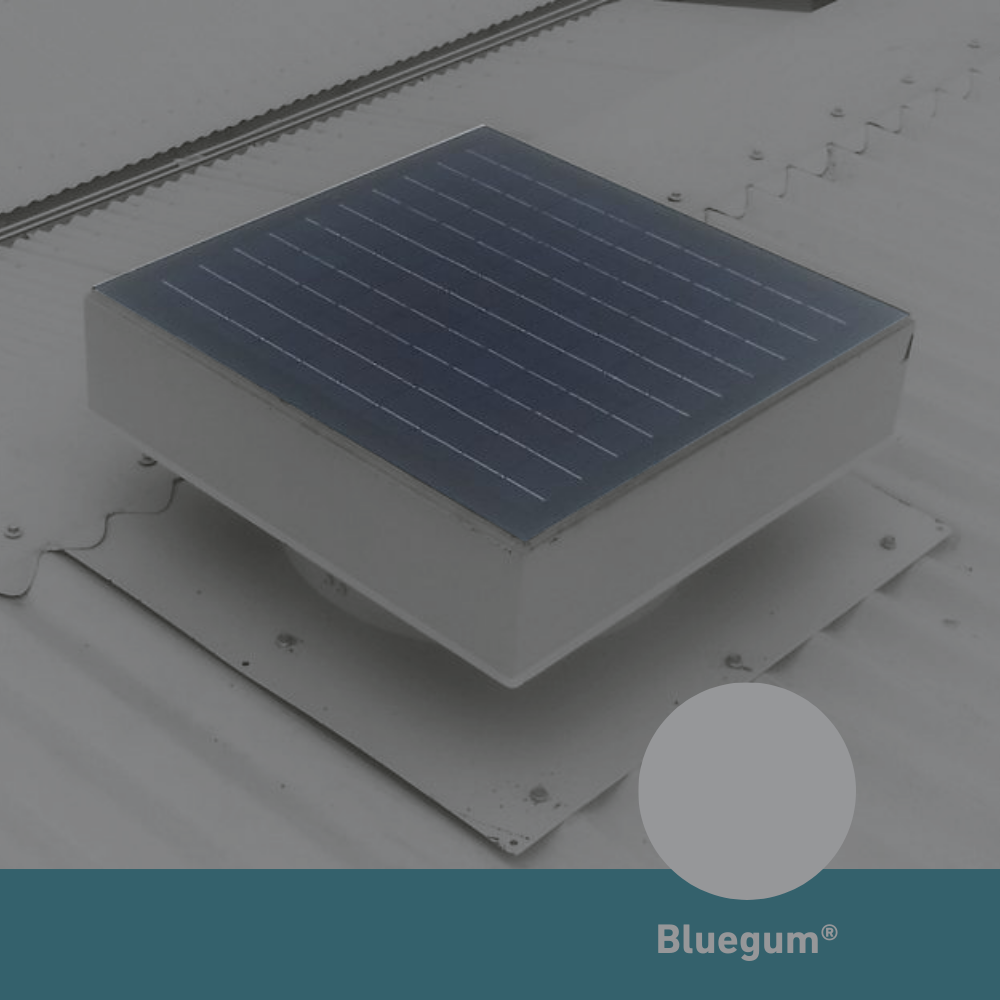 Square, solar-powered roof ventilator unit in Bluegum® 969799
installed on a corrugated metal roof.