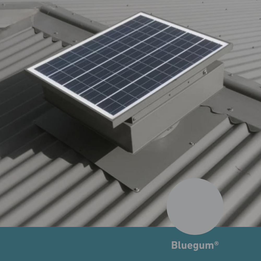Square, solar-powered roof ventilator unit in Bluegum installed on a corrugated metal roof.