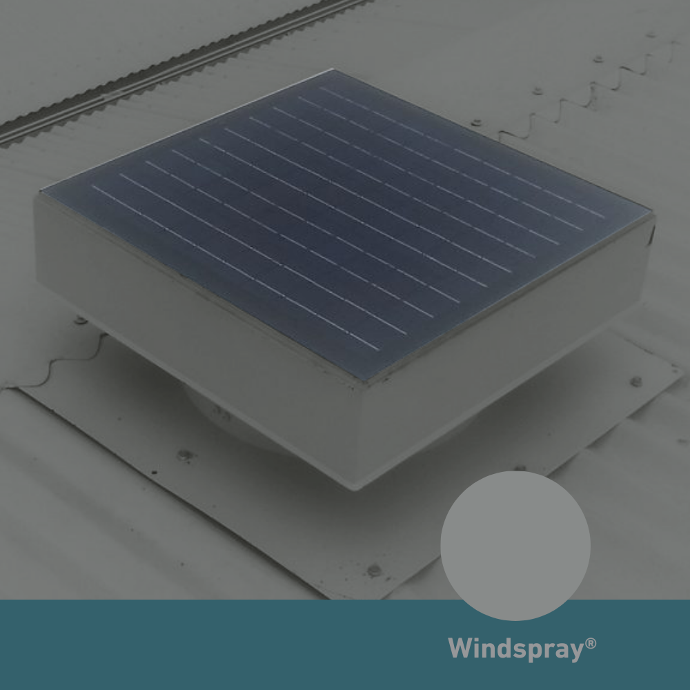 Square, solar-powered roof ventilator unit in Windspray®888B8A
installed on a corrugated metal roof.