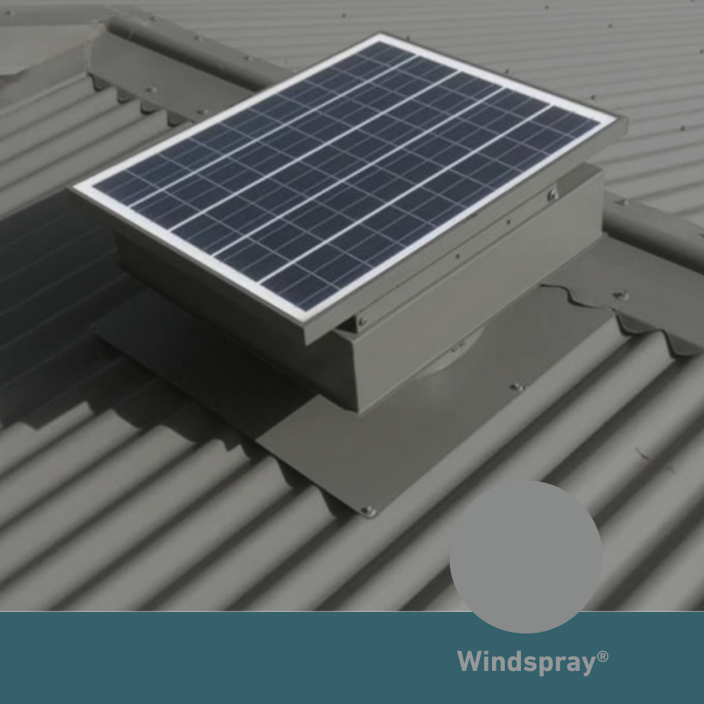 Square, solar-powered roof ventilator unit in Windspray installed on a corrugated metal roof.