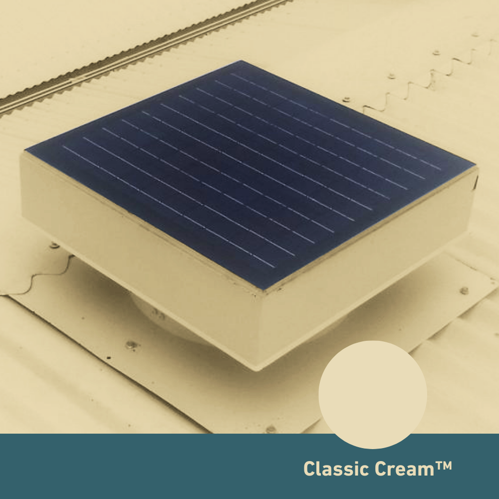 Square, solar-powered roof ventilator unit in Classic Cream™ E9DCB8
installed on a corrugated metal roof.