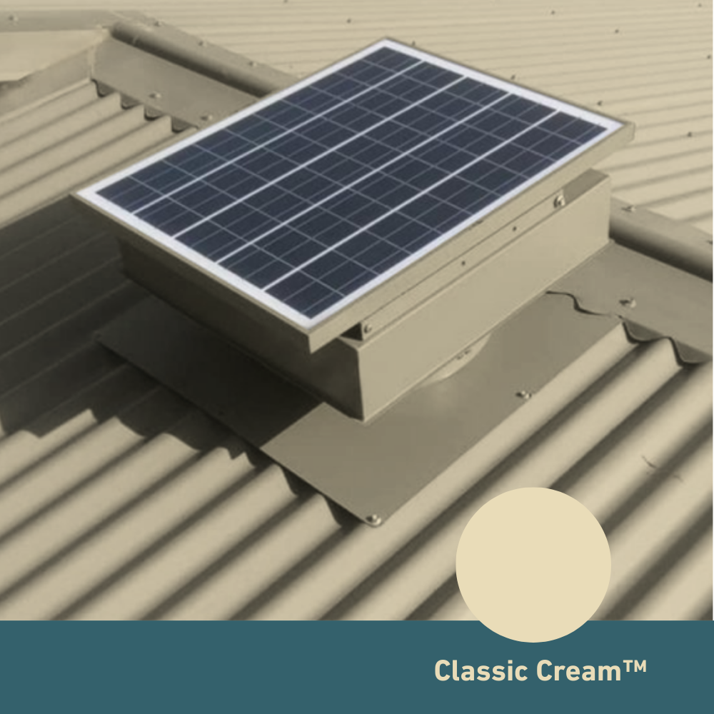 Square, solar-powered roof ventilator unit in Classic Cream installed on a corrugated metal roof.