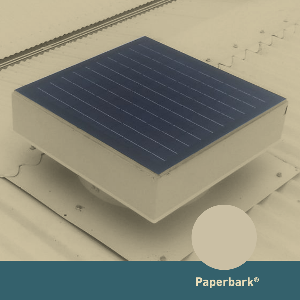 Square, solar-powered roof ventilator unit in Paperbark® CABFA4
installed on a corrugated metal roof.