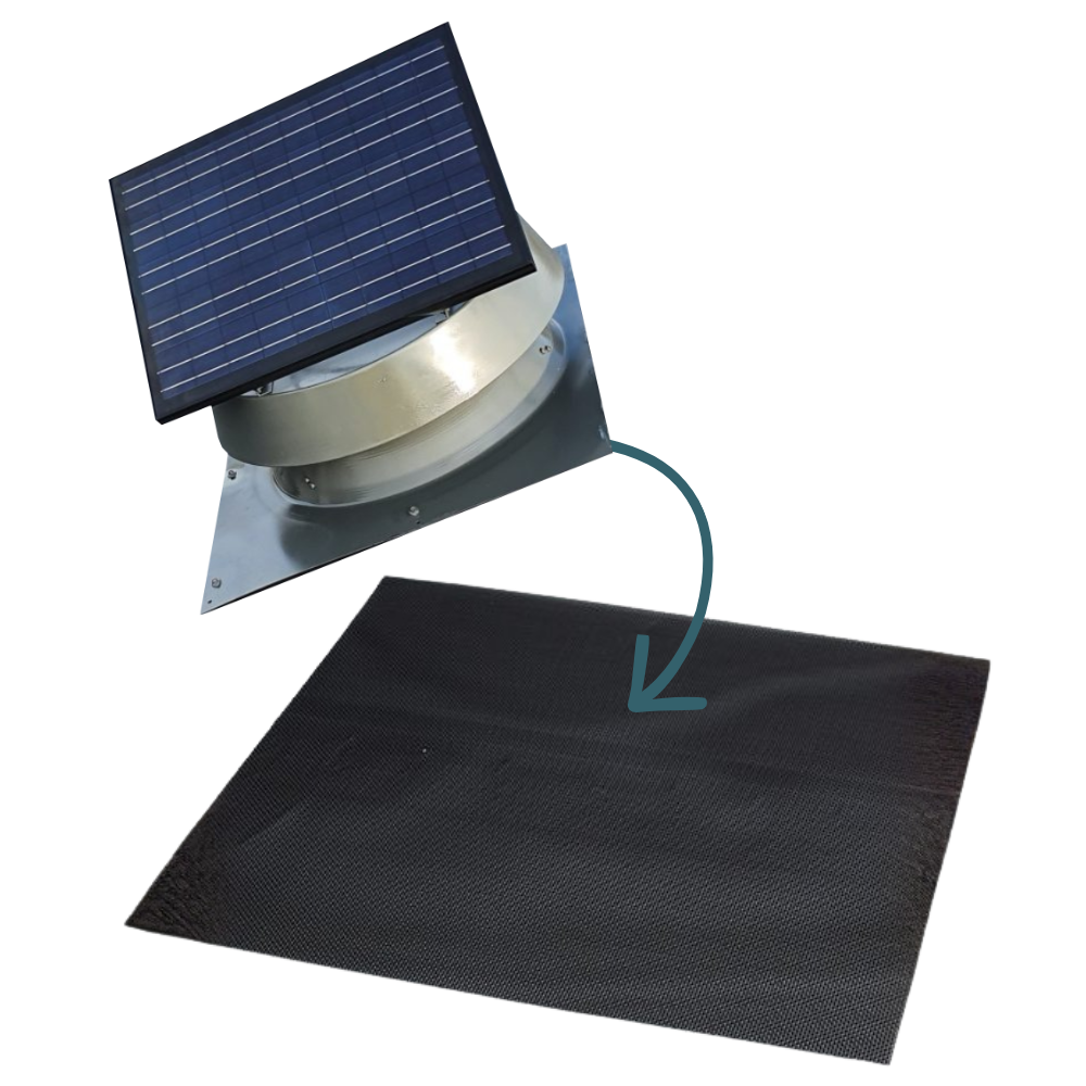 A graphic shows a square solar roof ventilator and points to the black mesh sheet used to seal it against bushfire embers.