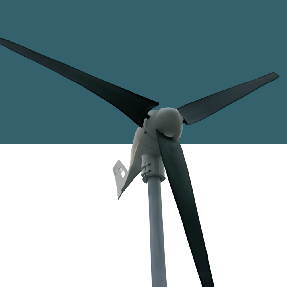 Wind turbine mounted on a pole with a split background of teal and white, highlighting the blade and body design.