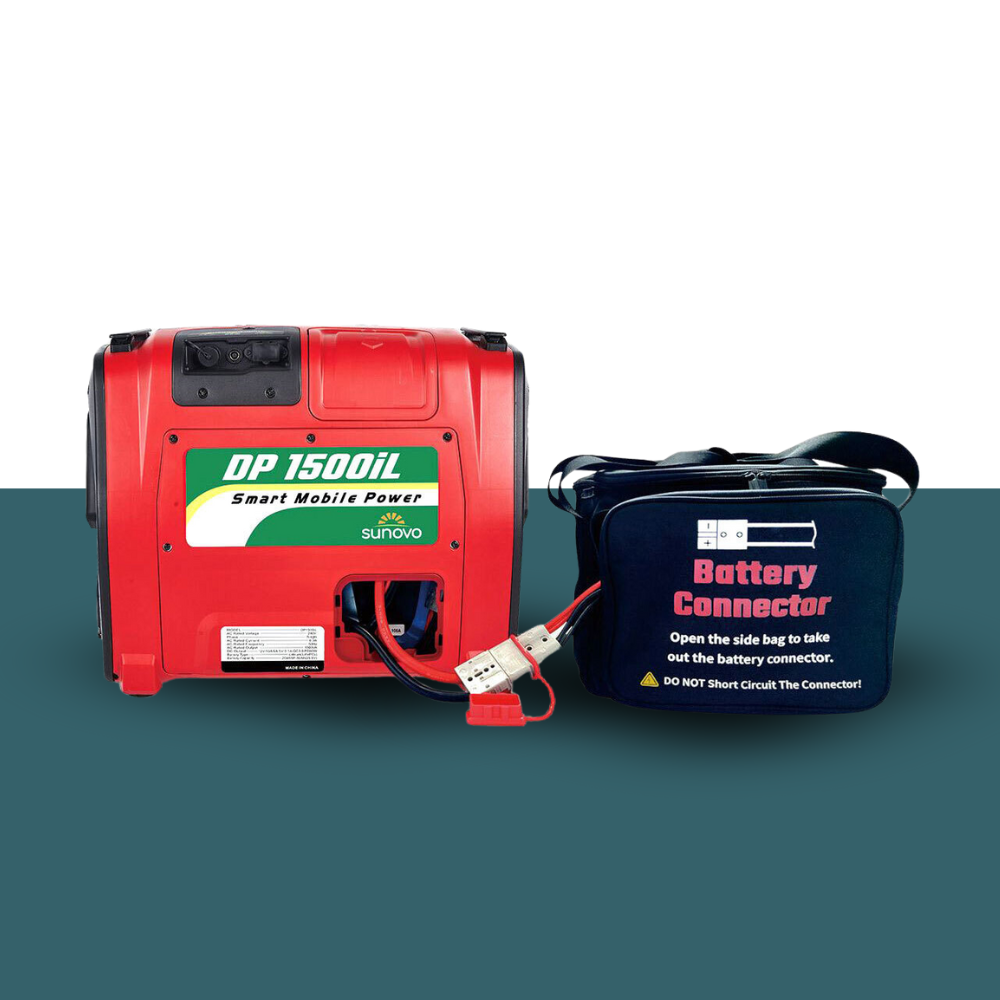 Generator side-by-side with black display screen showing power status.