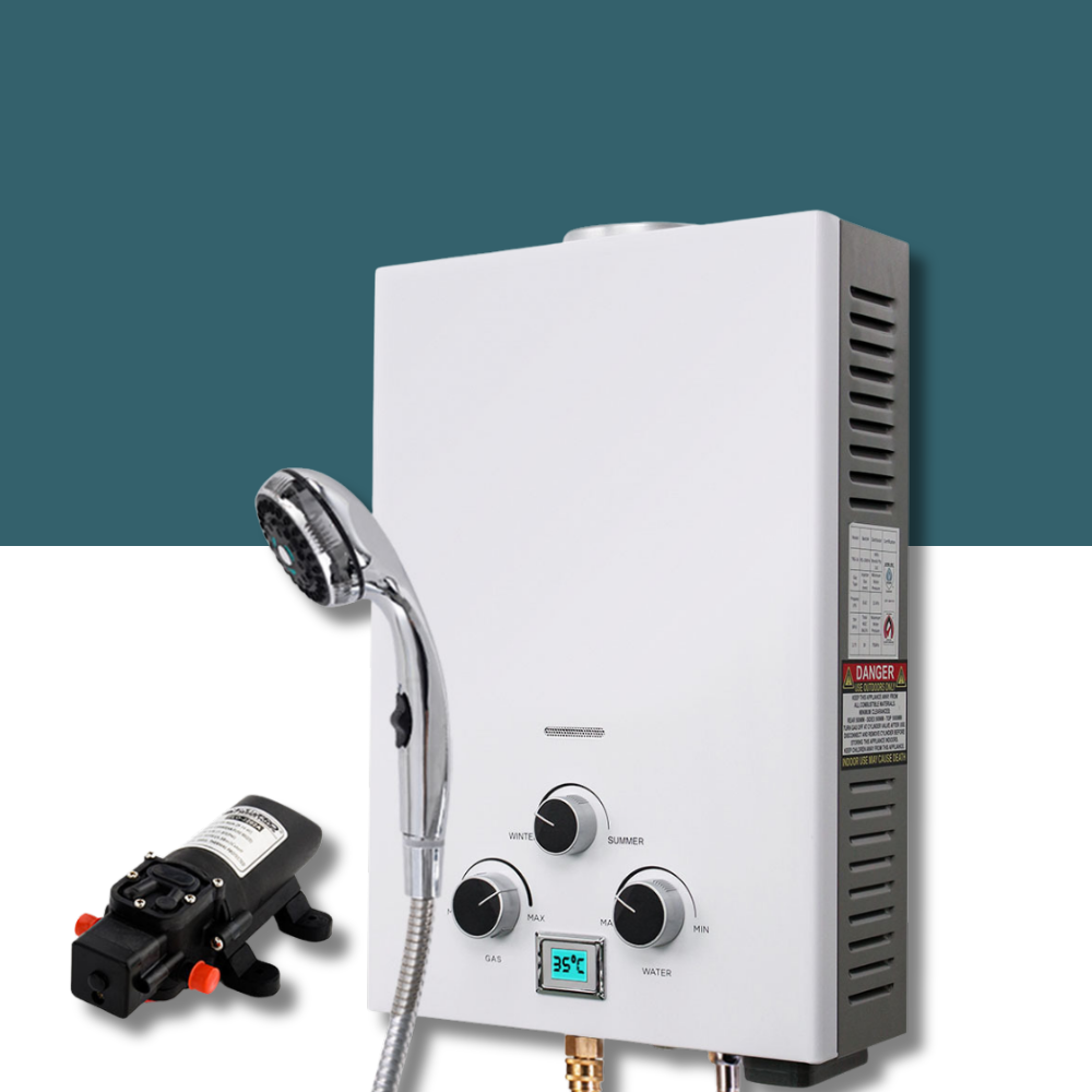 Hot water heater with shower head and control panel on a white background