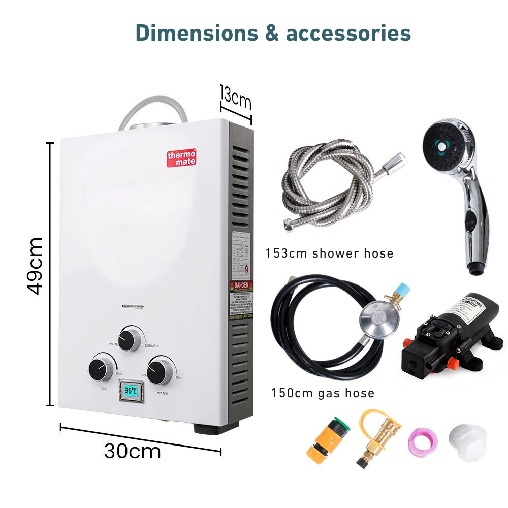 Thermomate water heater with dimensions and accessories on a white background