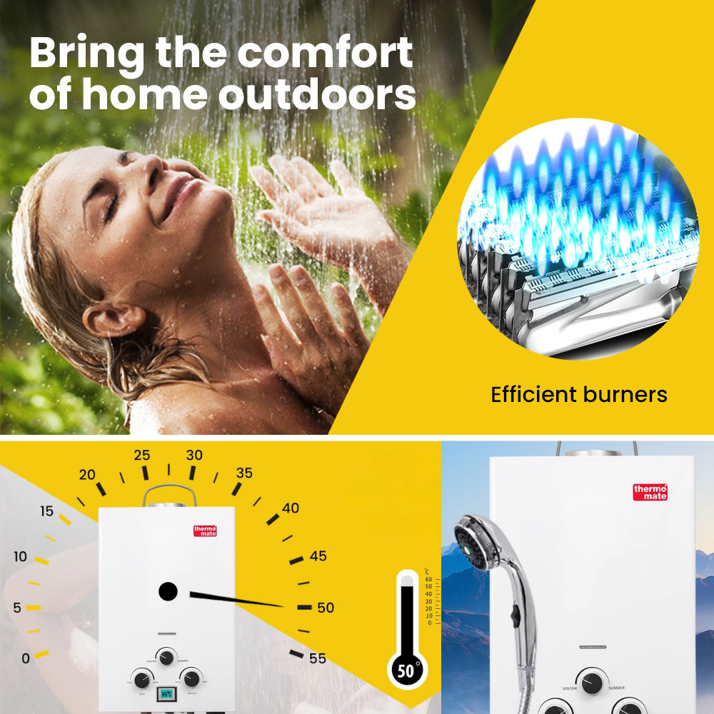 Advertisement for home comfort products with a woman showering, efficient burners illustration, and temperature control elements.