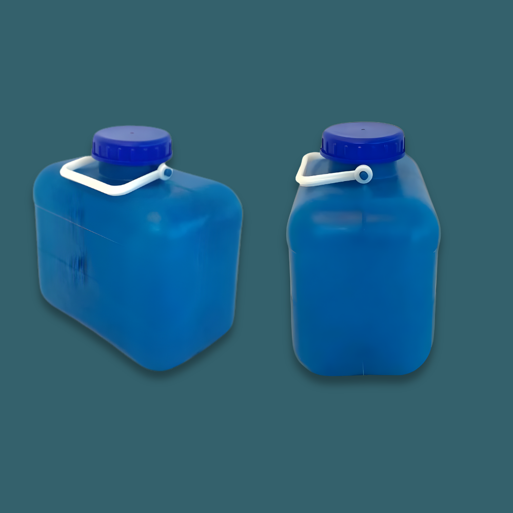 Two blue plastic jugs with blue lids on a dark gray background