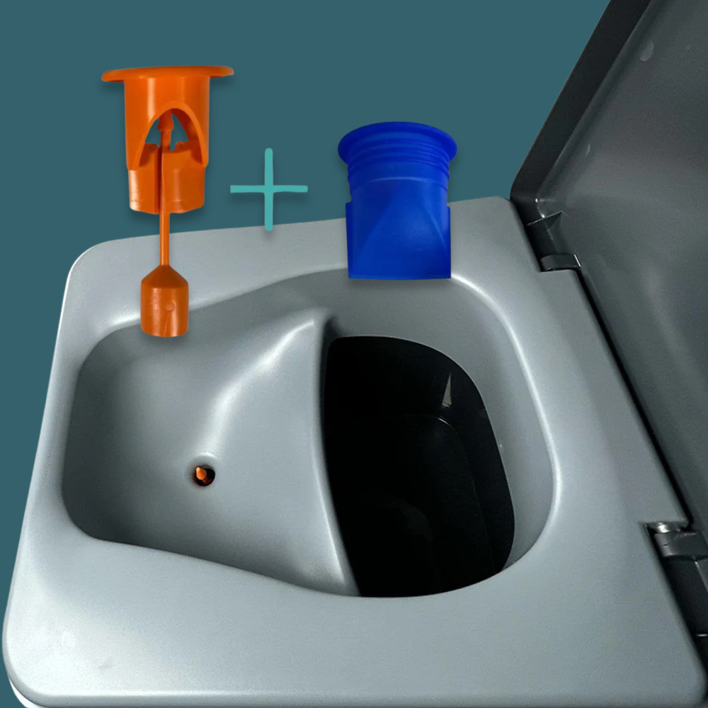 Close-up of a sink with an orange faucet and blue cup on a teal background