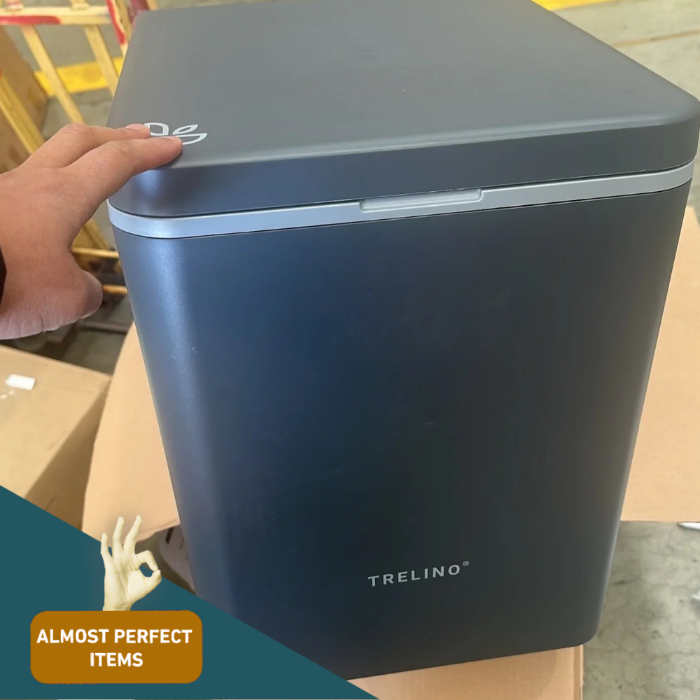 Front view of full unit (logo visible):
Trelino EVO composting toilet in charcoal grey with subtle cosmetic scuff on the lid edge. "Almost Perfect Items" badge shown.