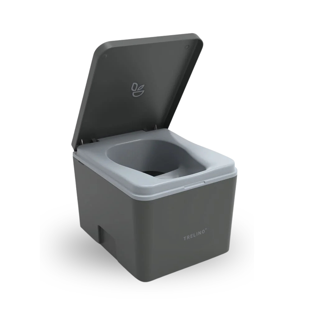Gray portable toilet with open lid on a white background