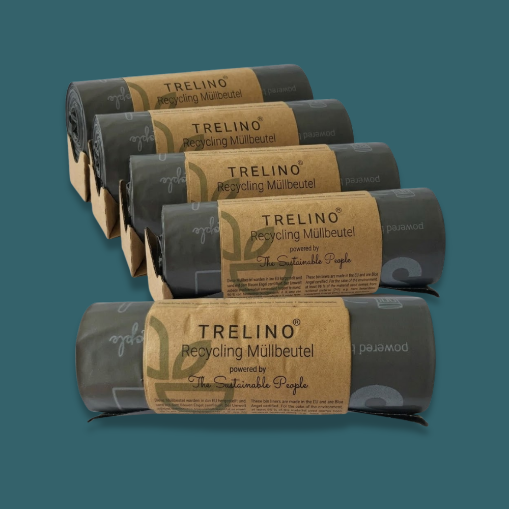 Multiple rolls of Trelino recycling bags on a teal background