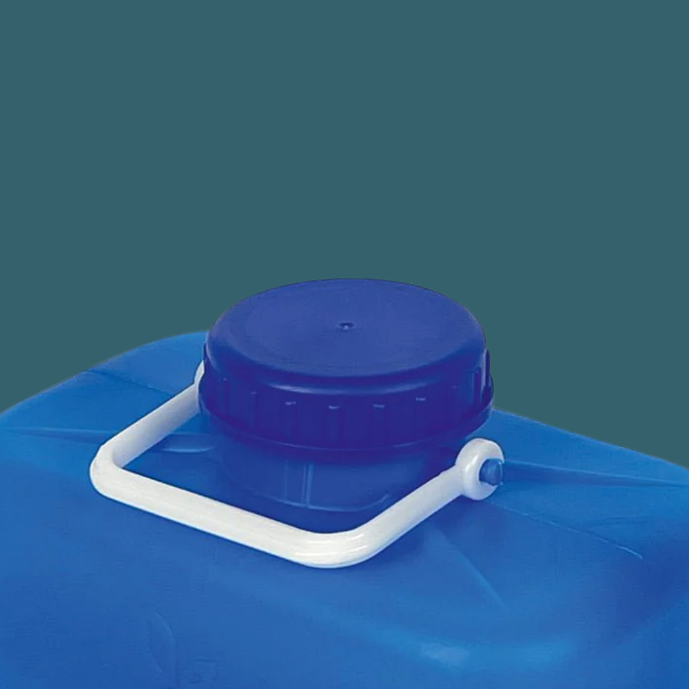 Blue water container with a blue lid and white handle on a dark green background