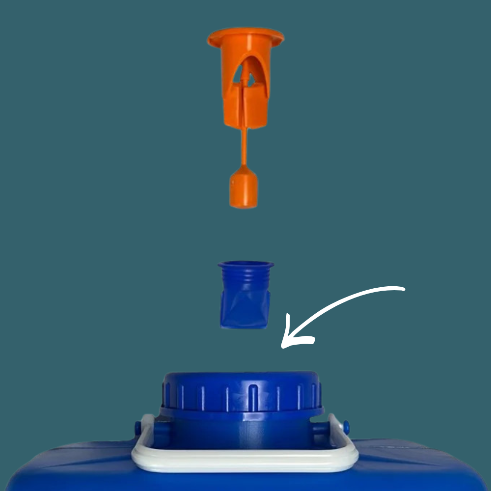 Blue container with an orange valve on a teal background