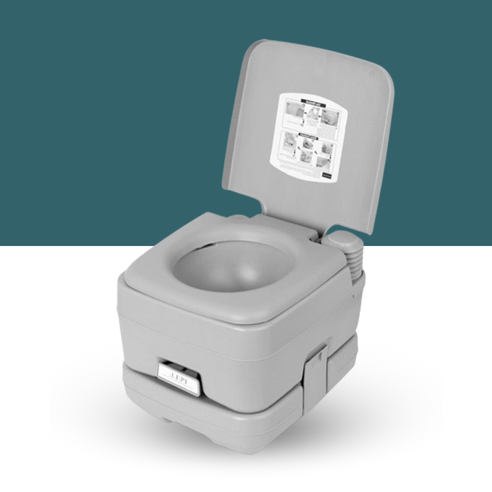 Open grey portable toilet with lid raised, showing seat and instruction panel.