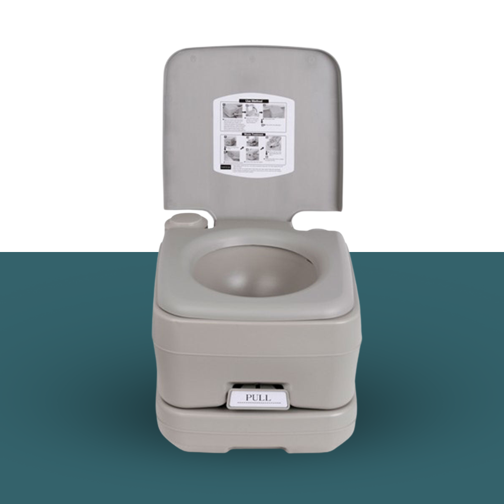 Front view of open portable toilet with lid fully vertical.