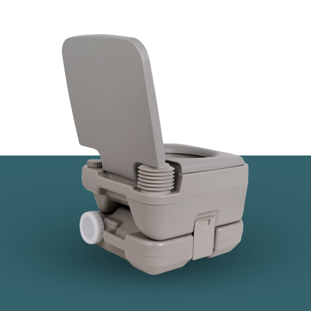 Side-back view of portable toilet showing waste outlet cap.