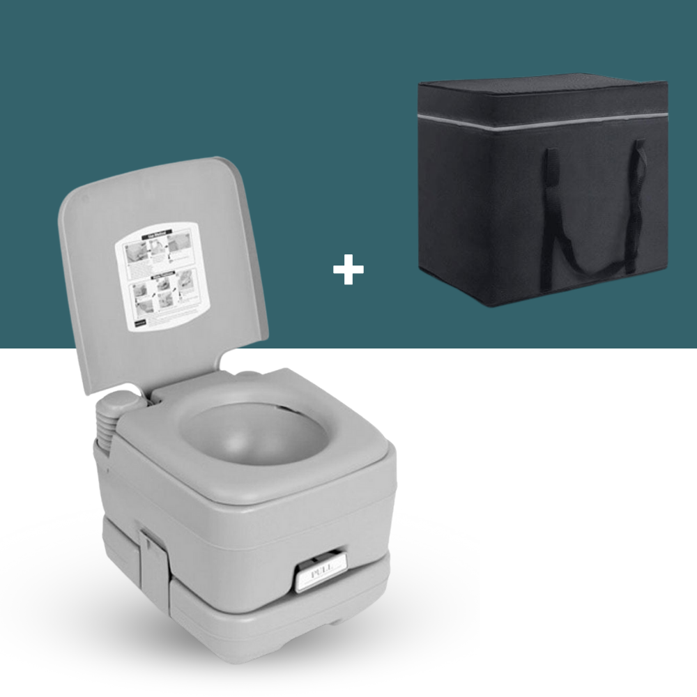 Open portable toilet with upright lid displaying instruction panel.