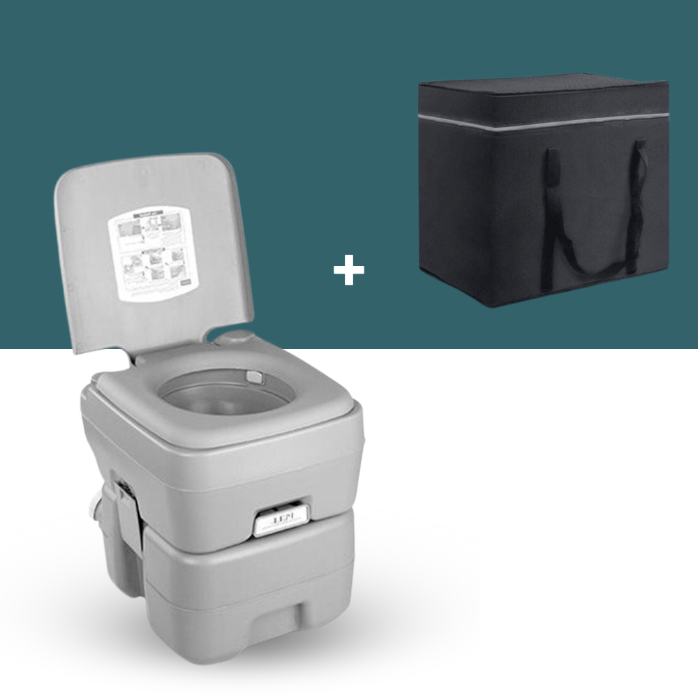 Portable toilet shown with a black carry bag beside it on a white and teal background.