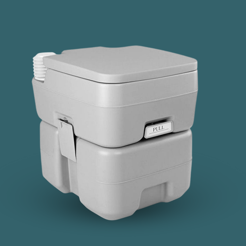 Rear-side view of closed portable toilet with smooth, compact design.