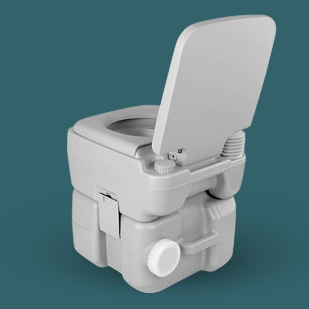 Angled view of open toilet with upright lid and visible flush outlet.