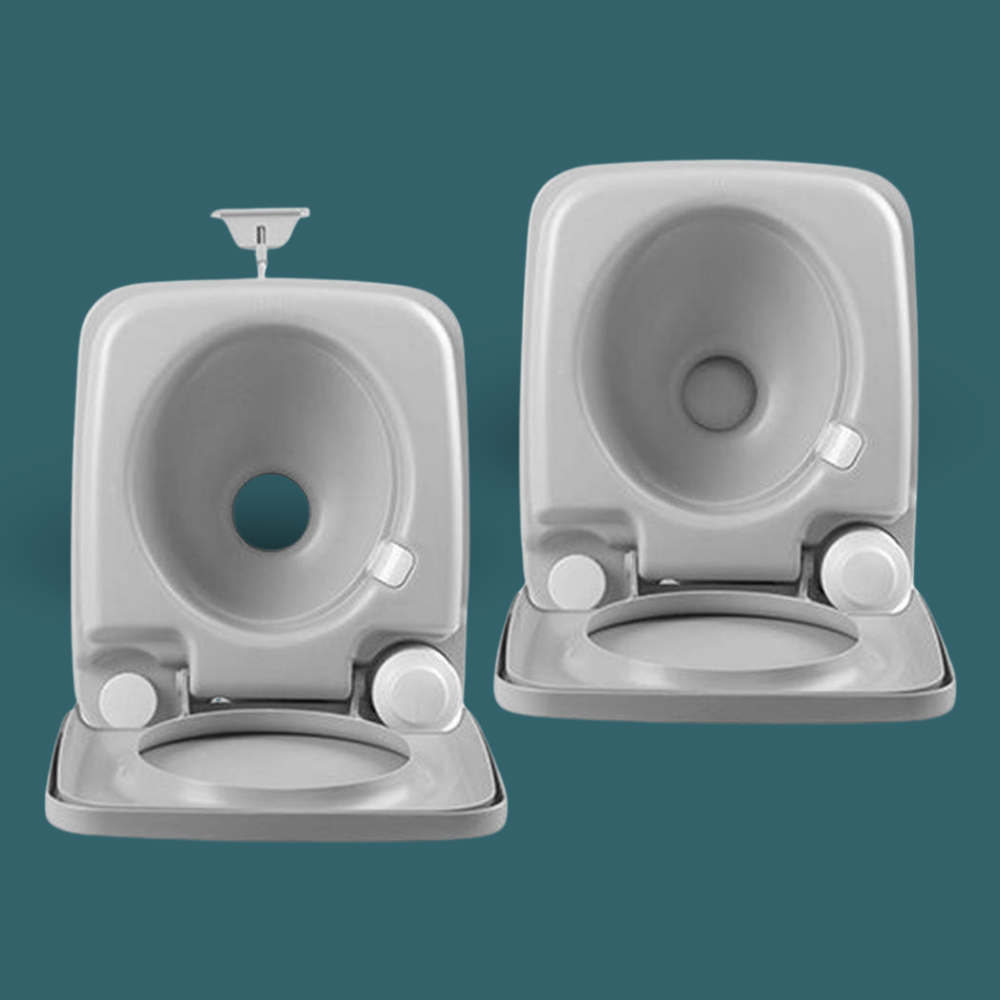 Side view of white flexible waste hose attached to the toilet’s outlet port.