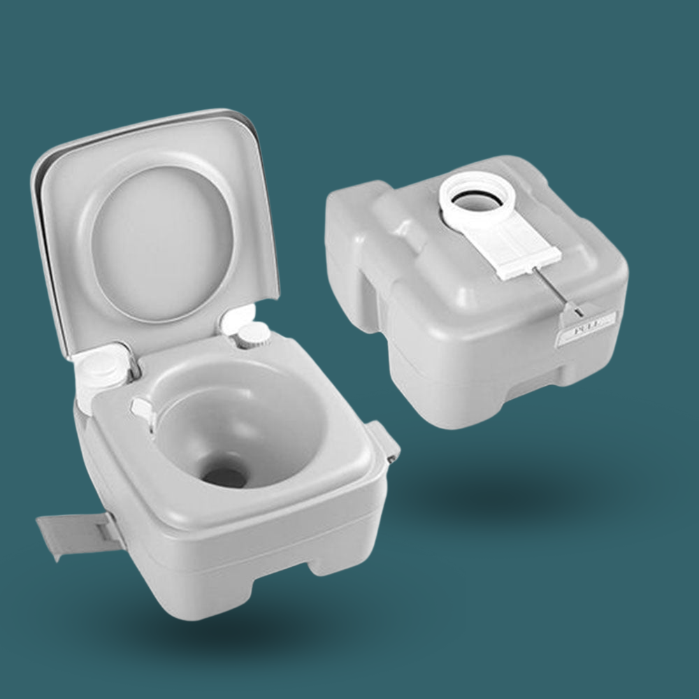 Separated top and bottom tanks shown side-by-side with open seat lid.