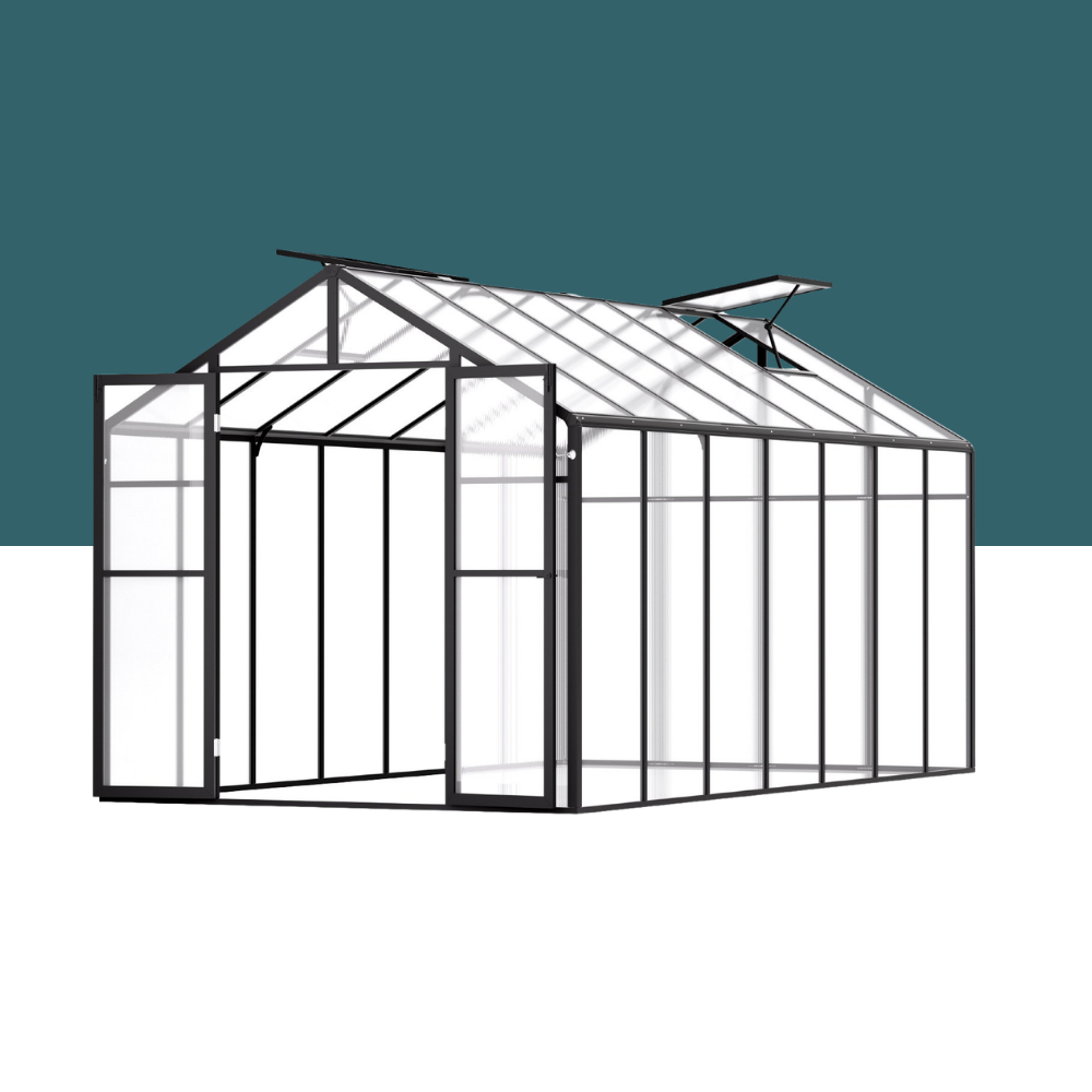 Glass greenhouse with black metal frame on a white background