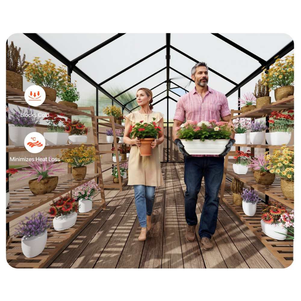 Man and woman walking through a greenhouse filled with plants and flowers.