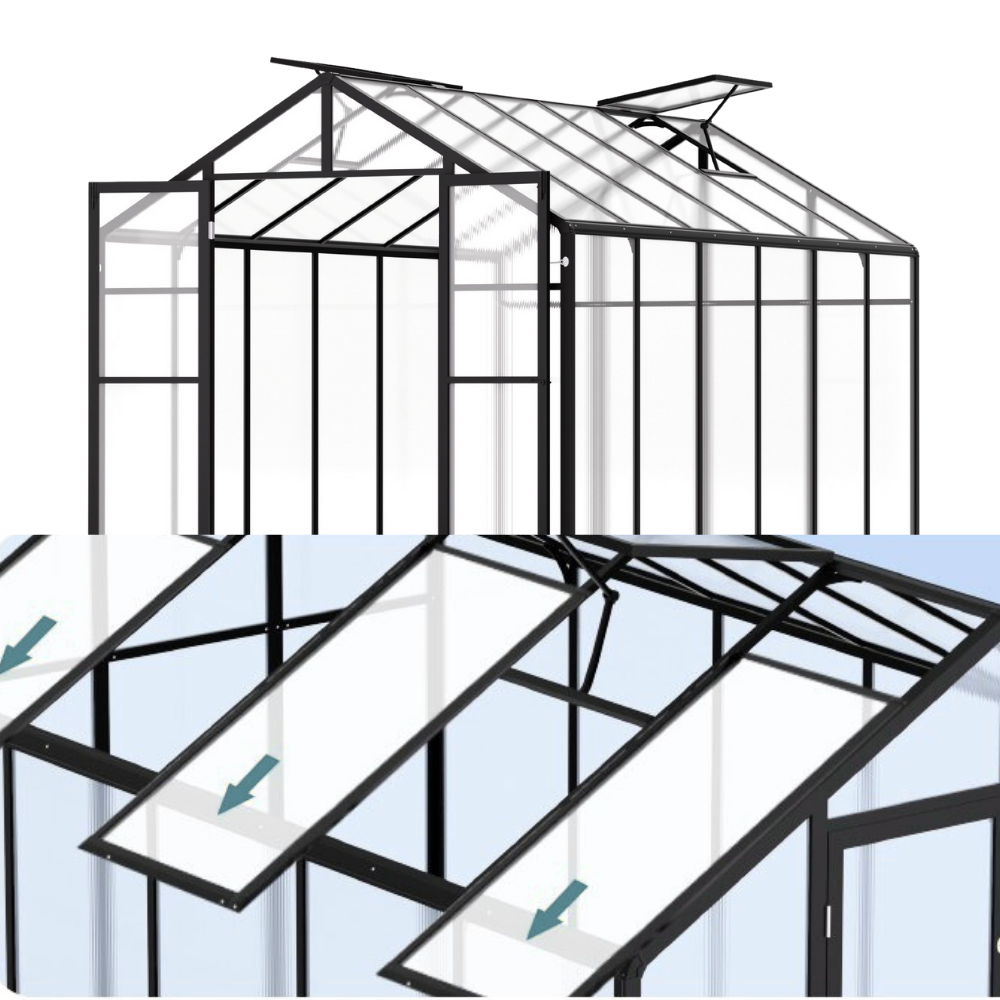 Diagram of a greenhouse structure with labeled parts on a white background