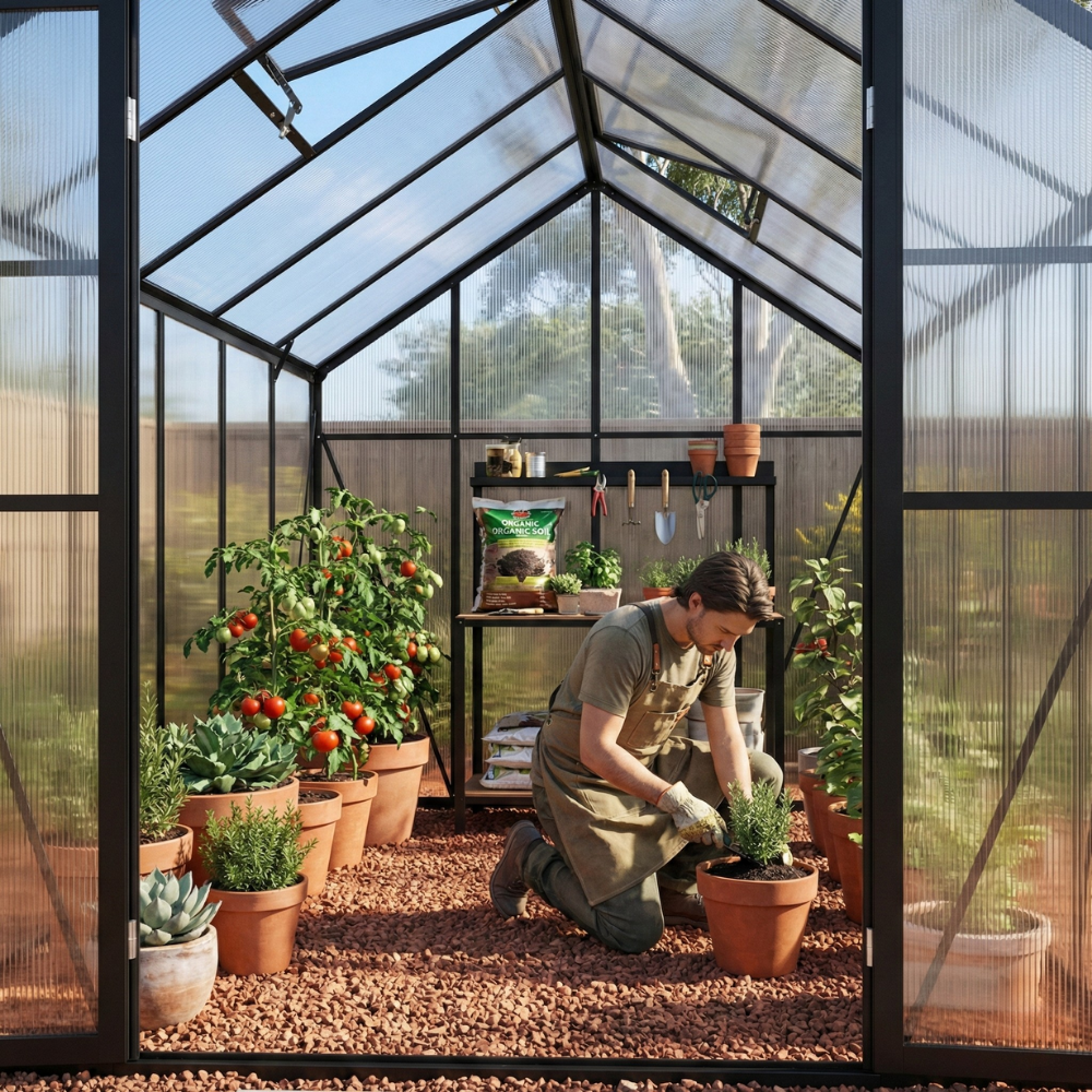 Person tending to plants in a greenhouse filled with various potted plants.