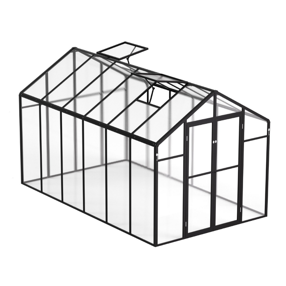 Glass greenhouse structure on a white background