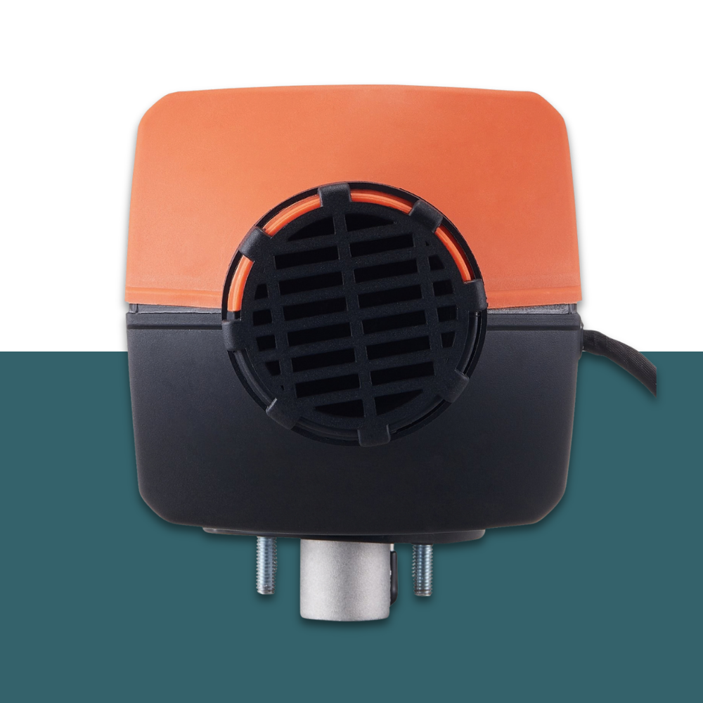 Black and orange device with a metallic base on a two-tone background
