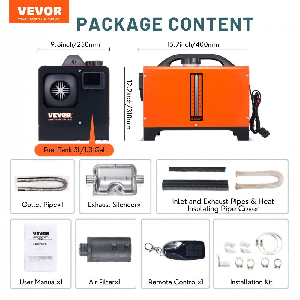 Vevor portable power station package content with dimensions and included items.