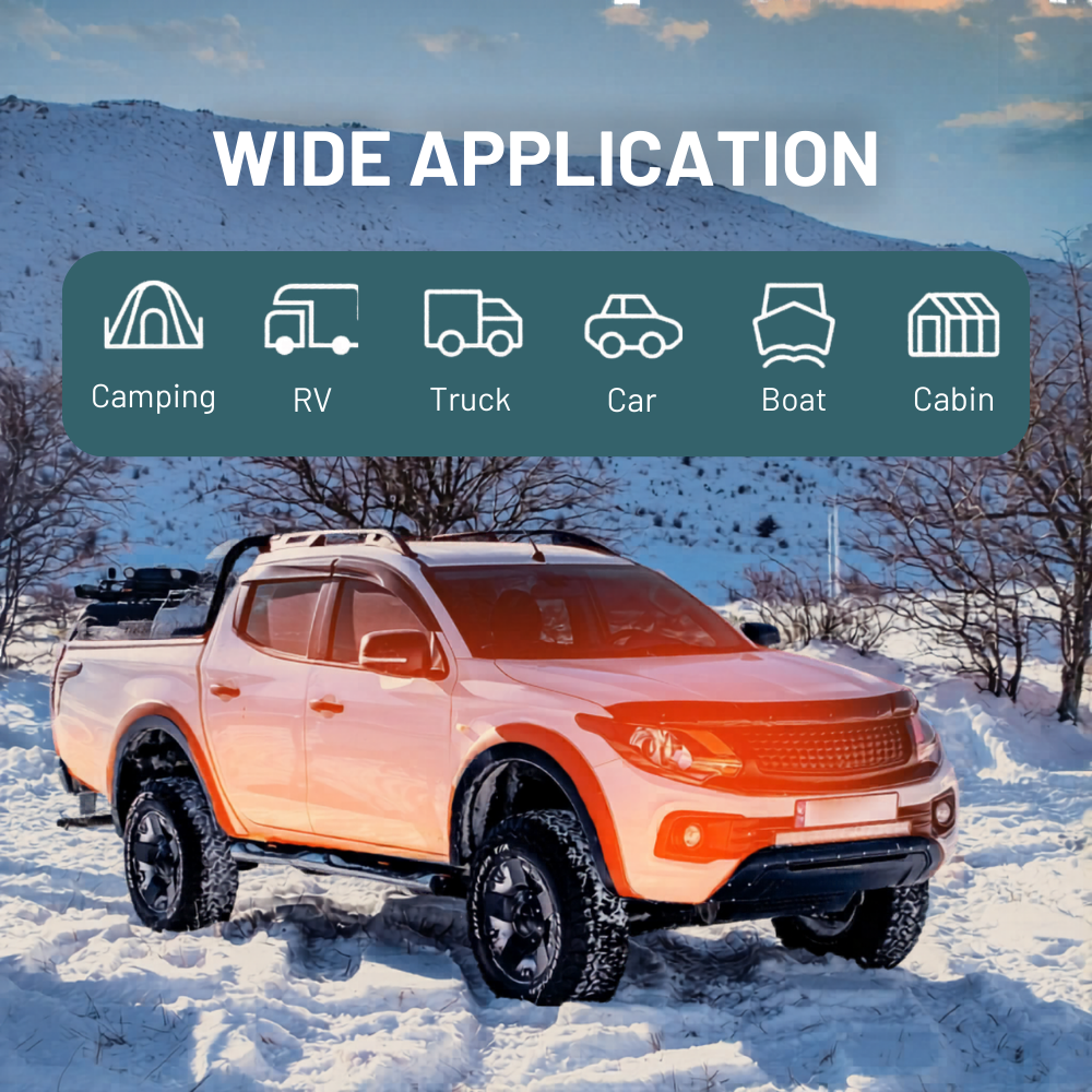 Orange pickup truck in a snowy landscape with icons and text indicating wide application for camping, RV, truck, car, boat, and cabin.