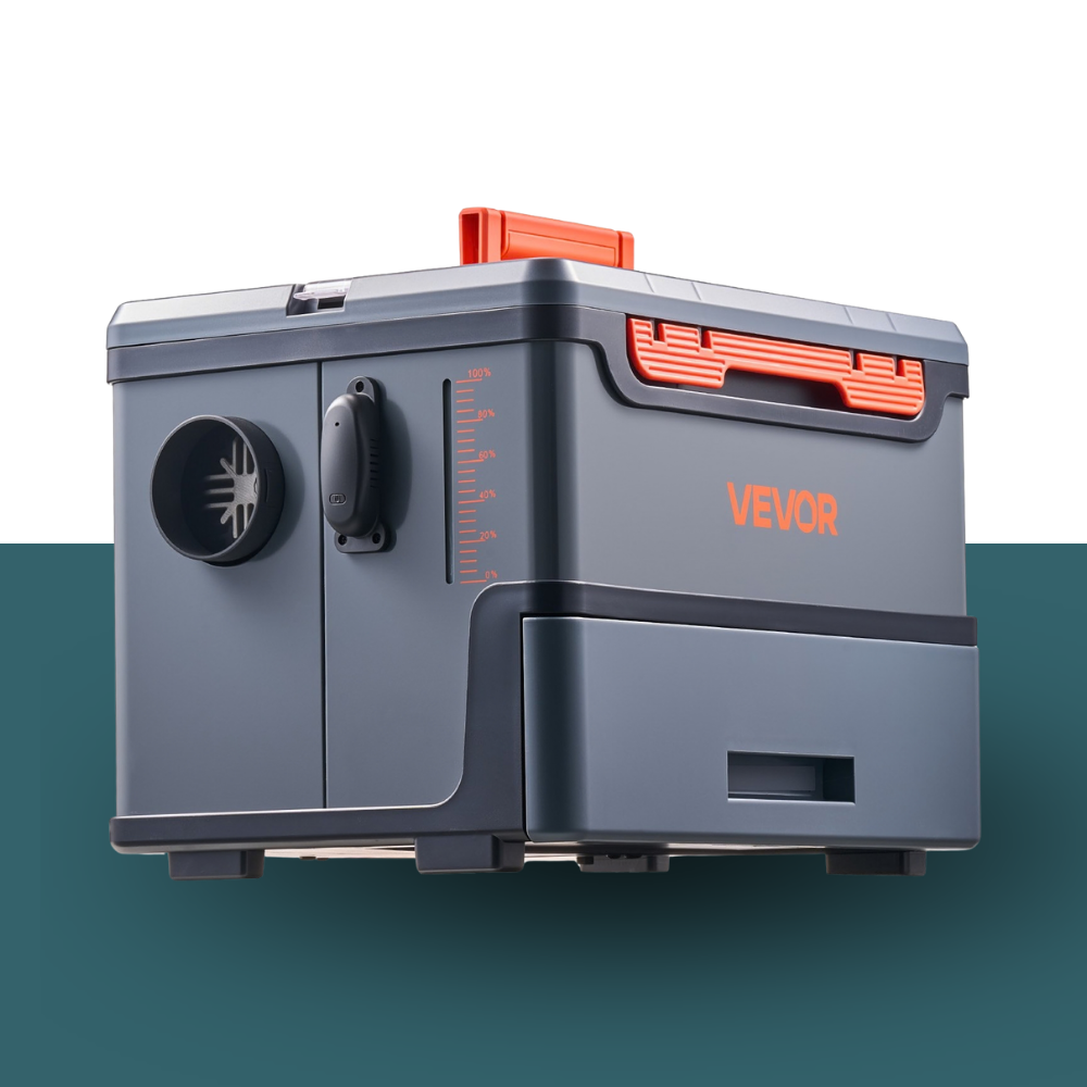 Gray and orange VEVOR 8kW 12V/24V Diesel Air Heater With CO Alarm with 'Vevor' branding on a gradient background